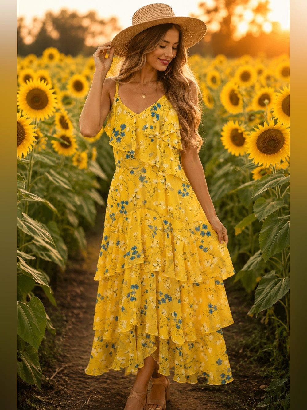 Sugar + Lips Yellow Floral Ruffle Midi Dress Women’s M Boho Cottagecore NWOT